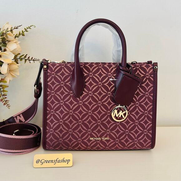 Michael Kors Purse Mirella Small Metallic Logo Jacquard Crossbody Bag Oxblood